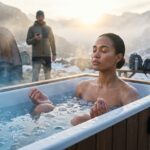 Athlete practicing Wim Hof breathing chest-deep in an outdoor ice bath at sunrise with coach and digital thermometer showing 8°C