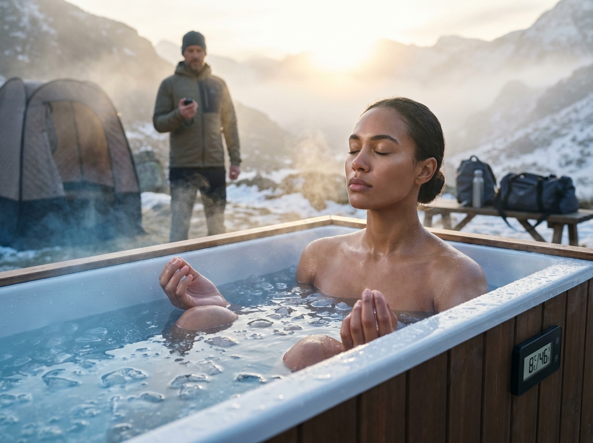 Athlete practicing Wim Hof breathing chest-deep in an outdoor ice bath at sunrise with coach and digital thermometer showing 8°C