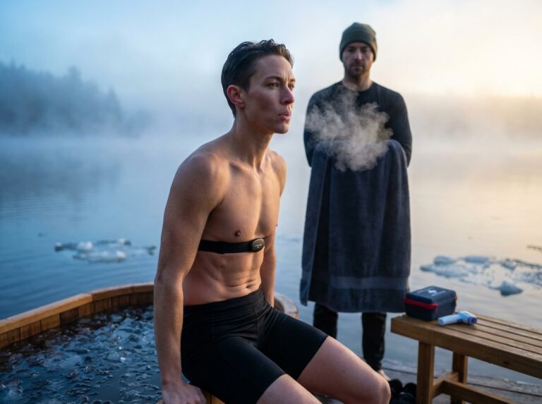 Athlete practicing Wim Hof breathing next to an outdoor ice plunge at dawn with a coach nearby, visible breath vapor and safety gear present