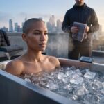 Athlete seated in a modern ice bath on a rooftop at dawn with ice and thermometer visible, coach nearby and towel ready