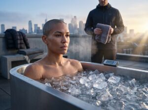 Athlete seated in a modern ice bath on a rooftop at dawn with ice and thermometer visible, coach nearby and towel ready
