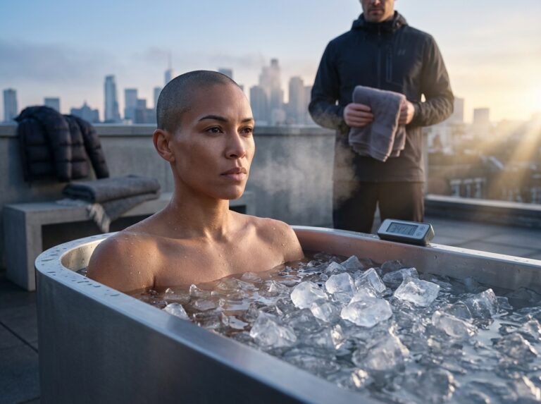 Athlete seated in a modern ice bath on a rooftop at dawn with ice and thermometer visible, coach nearby and towel ready