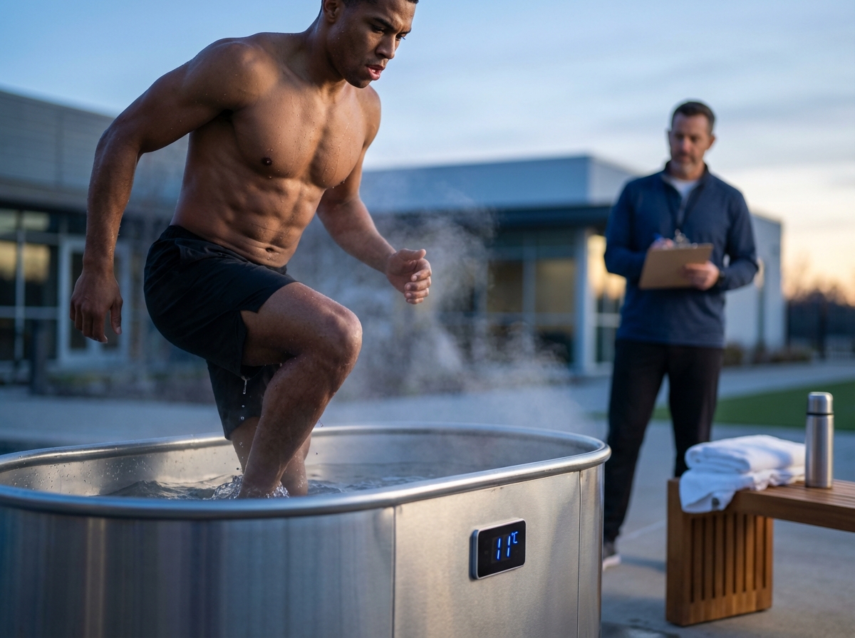Athlete entering a cold plunge tub outdoors at dawn, digital thermometer reads 10–12°C, coach observing, towels nearby