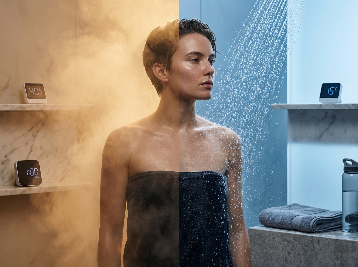 Athlete performing a contrast shower at home with visible thermometer and ice bucket nearby illustrating warm and cold phases of recovery