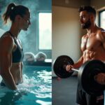 Athlete entering a cold plunge beside a lifter squatting in a gym, with a visible thermometer reading around 10–12°C and icons for time, temperature, and muscle recovery.