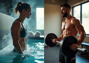 Athlete entering a cold plunge beside a lifter squatting in a gym, with a visible thermometer reading around 10–12°C and icons for time, temperature, and muscle recovery.