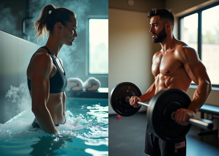 Athlete entering a cold plunge beside a lifter squatting in a gym, with a visible thermometer reading around 10–12°C and icons for time, temperature, and muscle recovery.