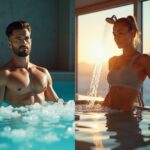 Split photographic image: athlete in an ice bath with visible ice and thermometer alongside an athlete under a cold shower, representing cold plunge and cold shower recovery options.