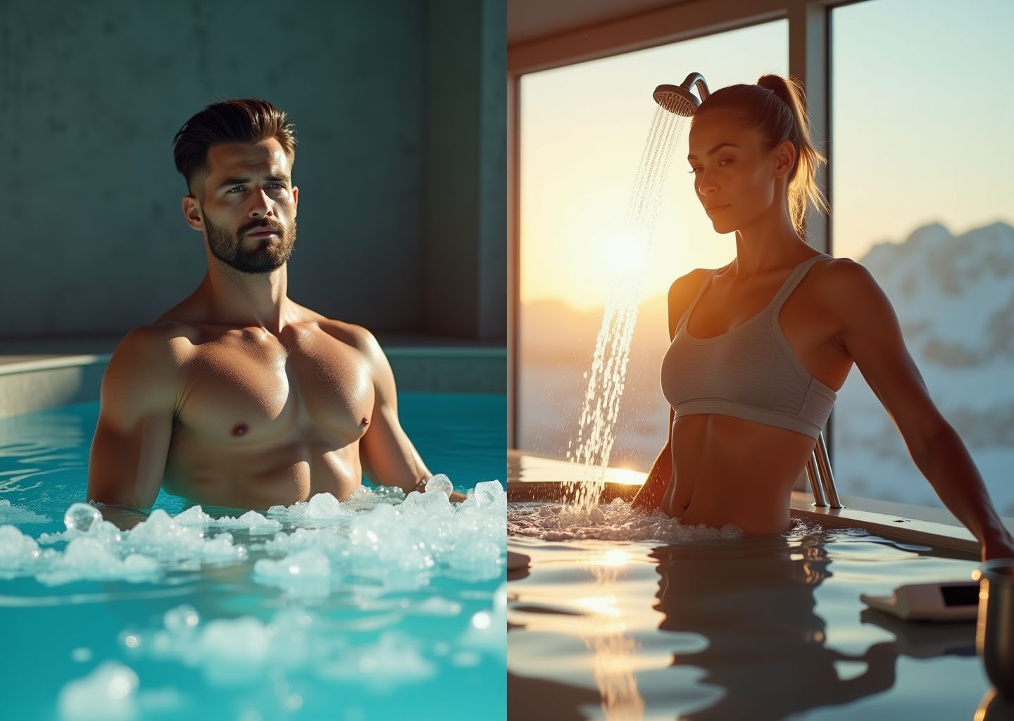 Split photographic image: athlete in an ice bath with visible ice and thermometer alongside an athlete under a cold shower, representing cold plunge and cold shower recovery options.
