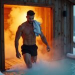 Athlete exiting a wooden sauna into an outdoor ice plunge pool at dawn with steam and mist visible, illustrating contrast therapy for performance recovery
