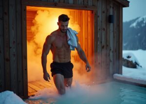 Athlete exiting a wooden sauna into an outdoor ice plunge pool at dawn with steam and mist visible, illustrating contrast therapy for performance recovery