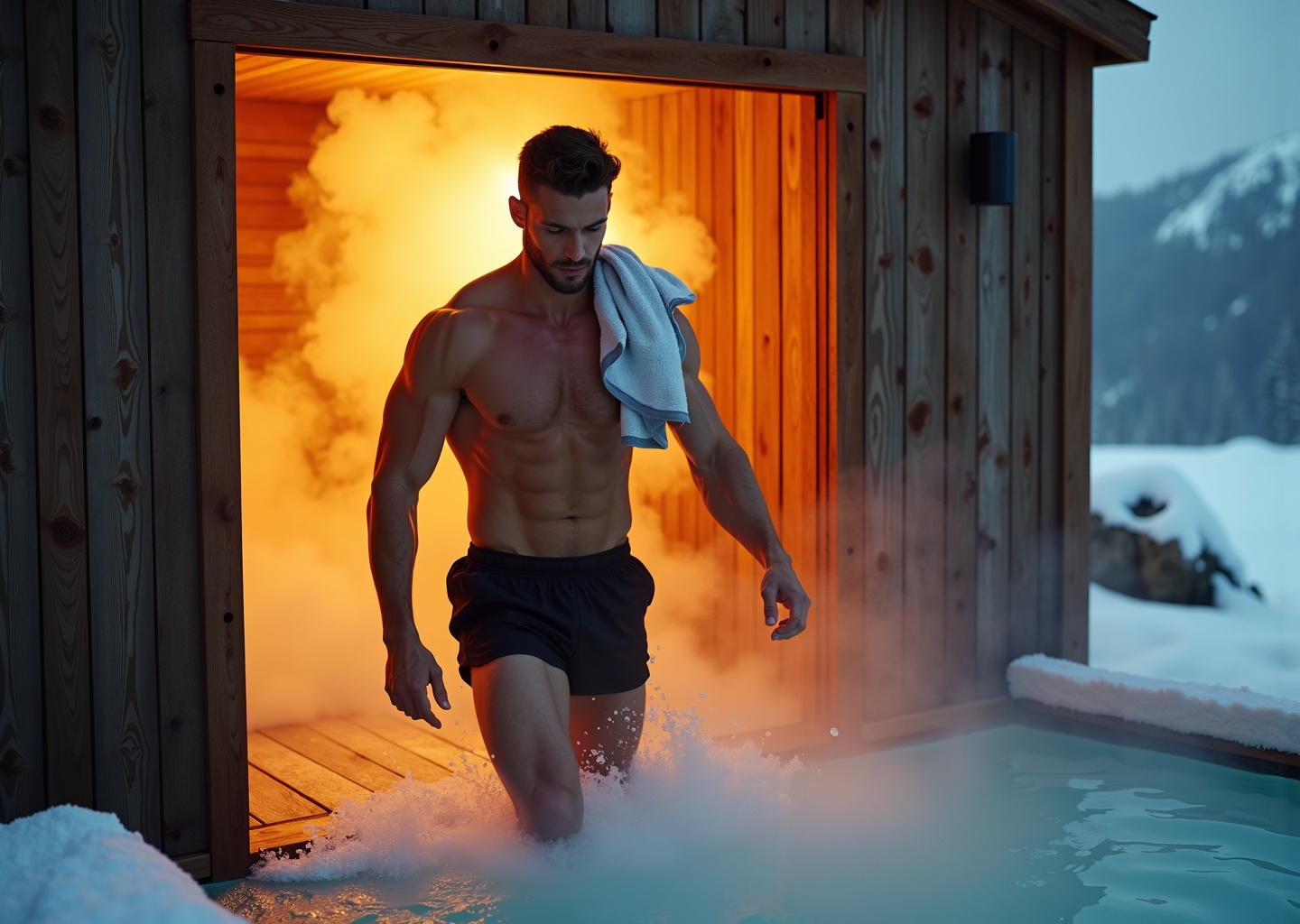 Athlete exiting a wooden sauna into an outdoor ice plunge pool at dawn with steam and mist visible, illustrating contrast therapy for performance recovery