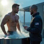 Athlete stepping into an outdoor cold plunge tub at dawn with a cryotherapy cabin in the background and a coach timing the session