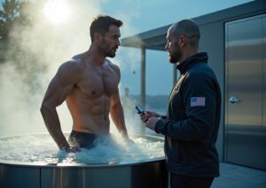 Athlete stepping into an outdoor cold plunge tub at dawn with a cryotherapy cabin in the background and a coach timing the session
