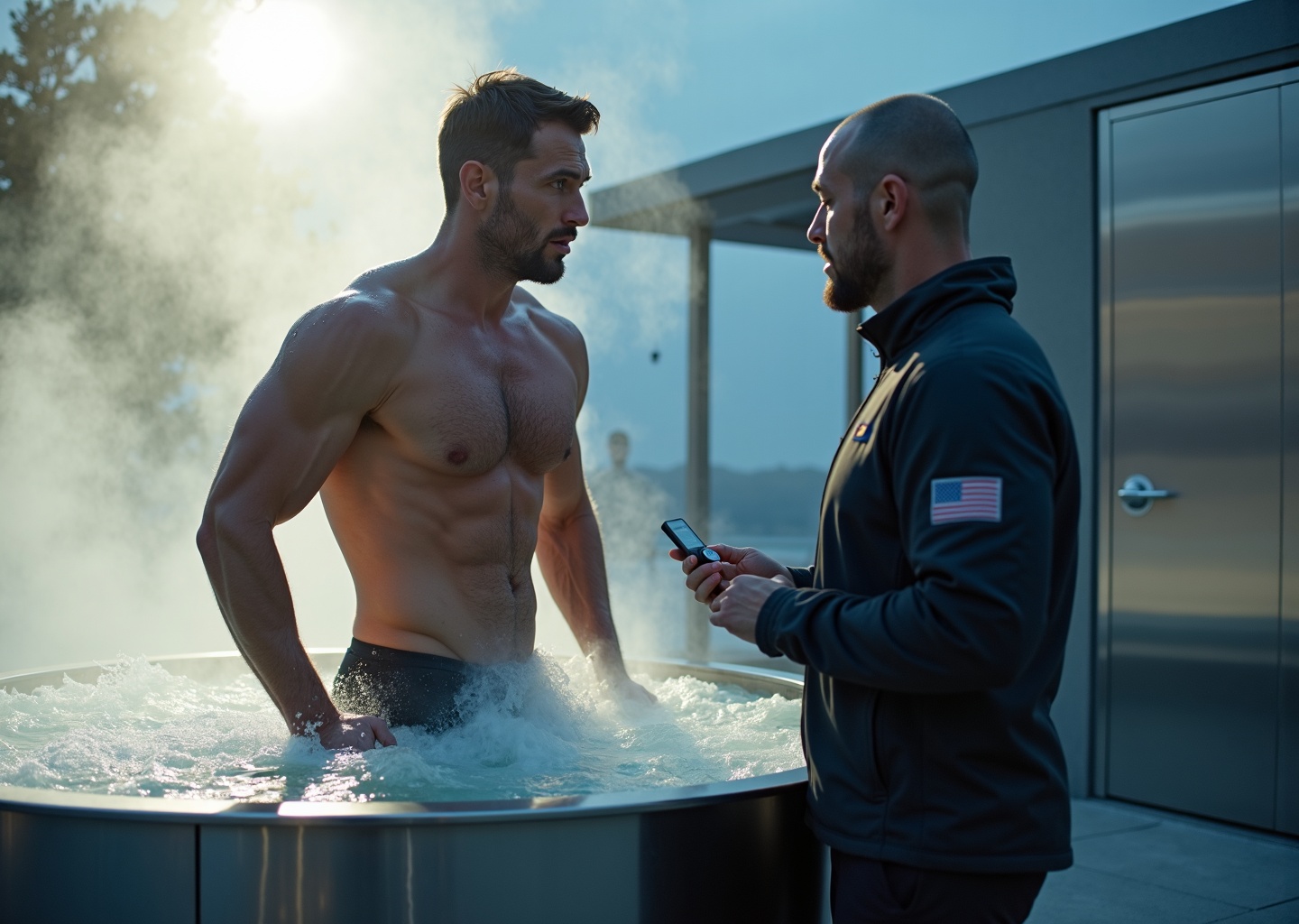 Athlete stepping into an outdoor cold plunge tub at dawn with a cryotherapy cabin in the background and a coach timing the session