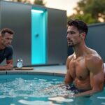 Athlete in an outdoor ice bath with coach nearby and cryotherapy chamber in background, illustrating cold plunge recovery and cryotherapy for performance