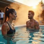 Two athletes using contrast therapy outdoors one in an ice plunge and one entering a hot tub with a sauna in the background showing a contrast between cold and hot recovery methods