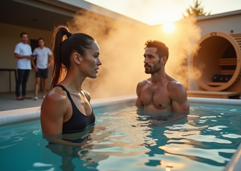 Two athletes using contrast therapy outdoors one in an ice plunge and one entering a hot tub with a sauna in the background showing a contrast between cold and hot recovery methods