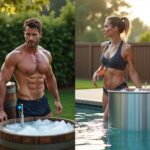 Split-scene photo comparing a DIY wooden cold plunge with ice and tools to a modern commercial stainless cold plunge tub, an athlete entering the DIY side and a coach near the commercial unit