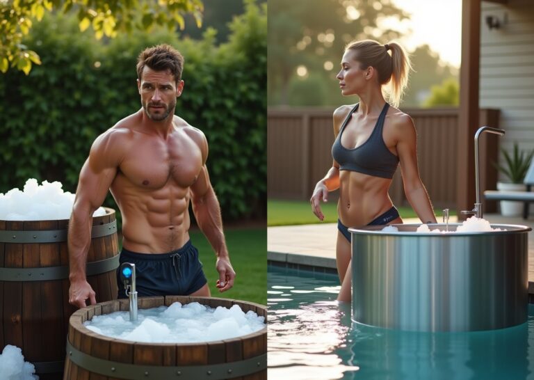 Split-scene photo comparing a DIY wooden cold plunge with ice and tools to a modern commercial stainless cold plunge tub, an athlete entering the DIY side and a coach near the commercial unit